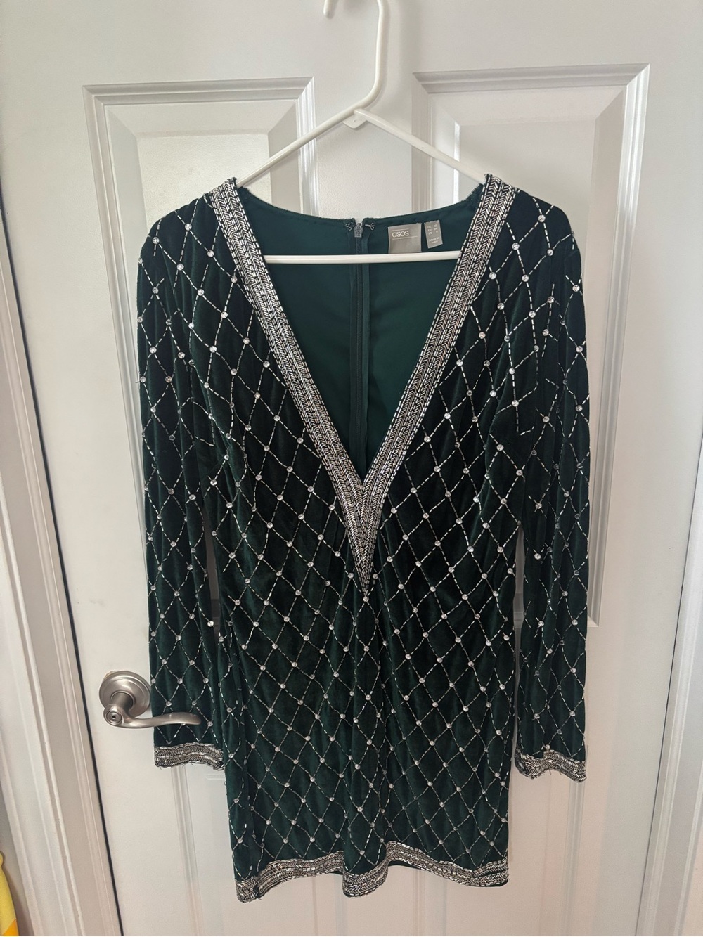 ASOS Emerald Green Velvet Long Sleeve Beaded V-Neck Dress